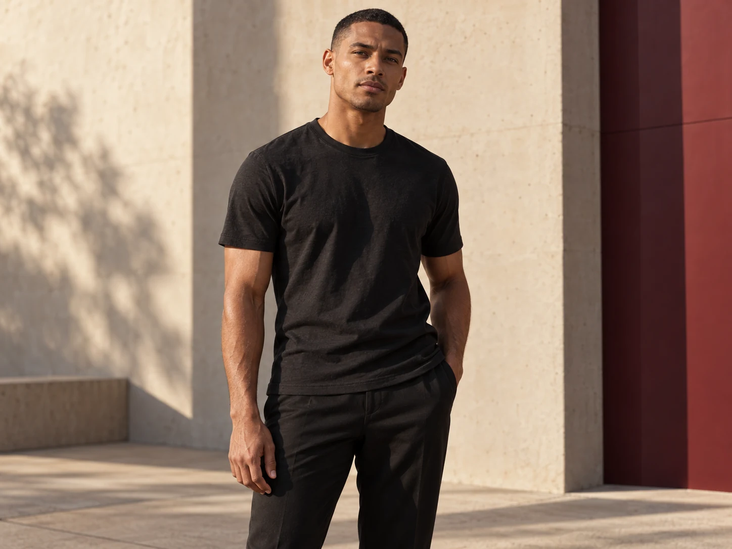 Model wearing a charcoal T-shirt against a sunlit architectural background